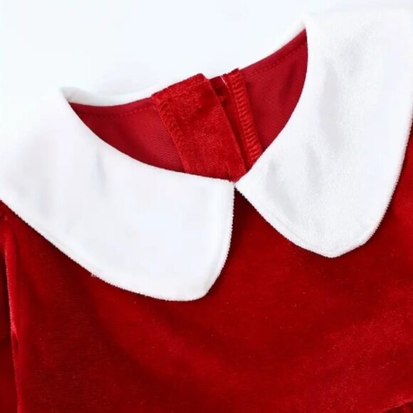 Christmas Santa Reindeer Girls Red Long Sleeve Velour Dress & Headband - Picture 2 of 6